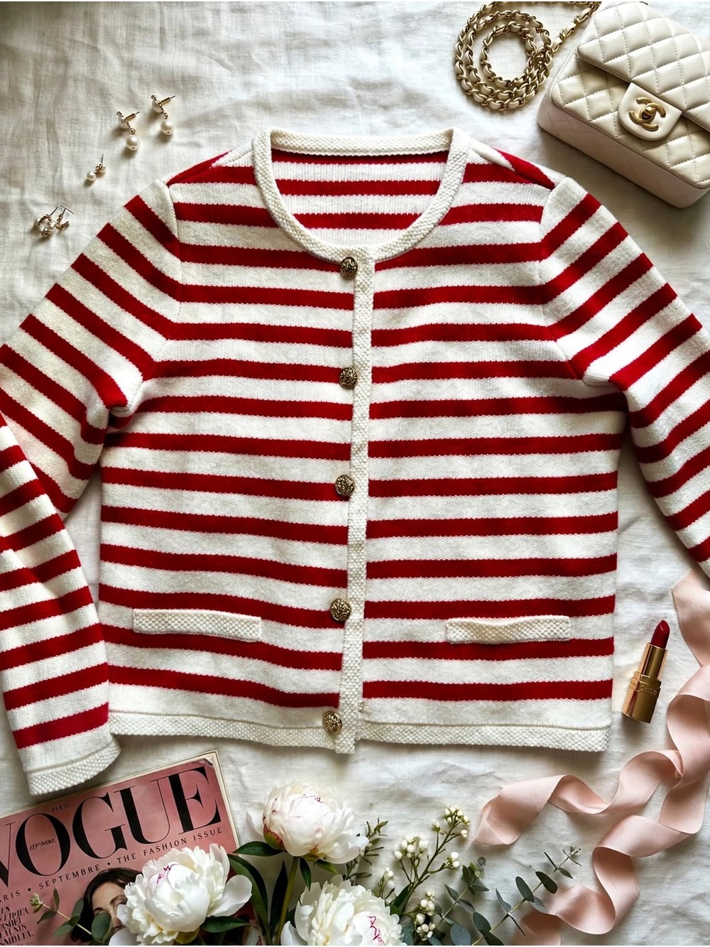 Striped Red & White Knit Button Cardigan - Picture 4 of 13